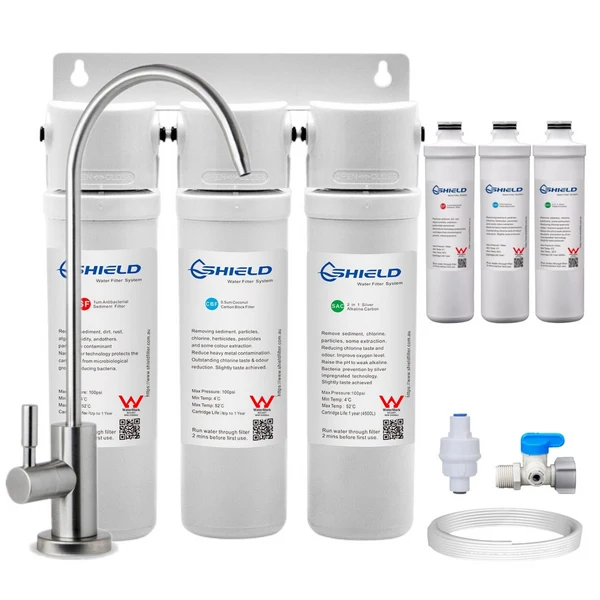 Undersink Alkaline Triple Water Filter System + Extra Cartridges | 3-Stage Quick Change | Australian Standard WaterMark Certified