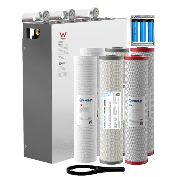20” x 4.5” Whole House Water Filter System | Free-Standing Stainless Steel Cover | Chloramine PFAS Cyst Scale Chlorine Fluoride Lead Removal | WaterMark Certified